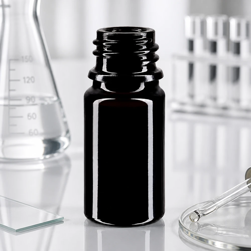 Elegant svart Orion 5ml droppflaska tillverkad av Miron violett glas för professionellt bruk