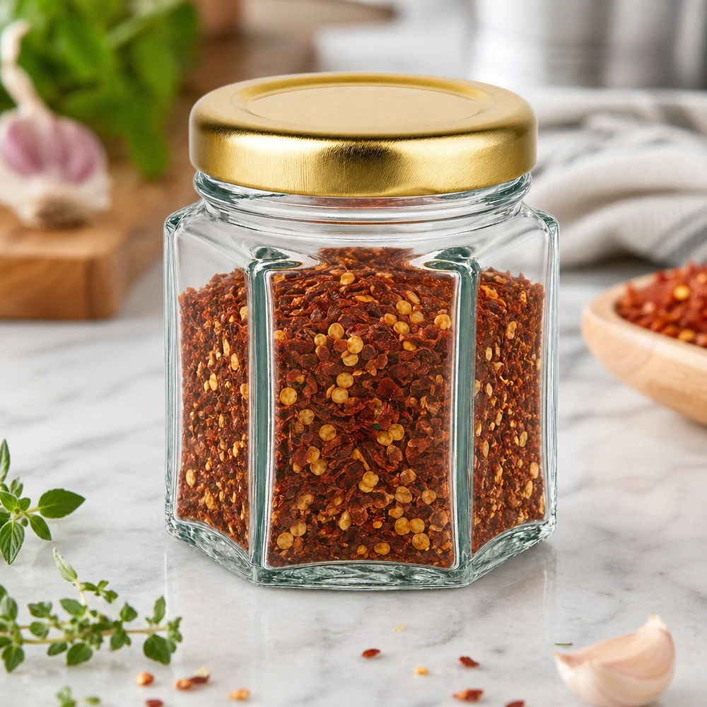 60 g honungsburk med gyllene lock BasicSeal UNiTWIST 60 g honungsburk sexkantig fylld med chiliflakes på marmorbord med örter och gyllene BasicSeal-lock