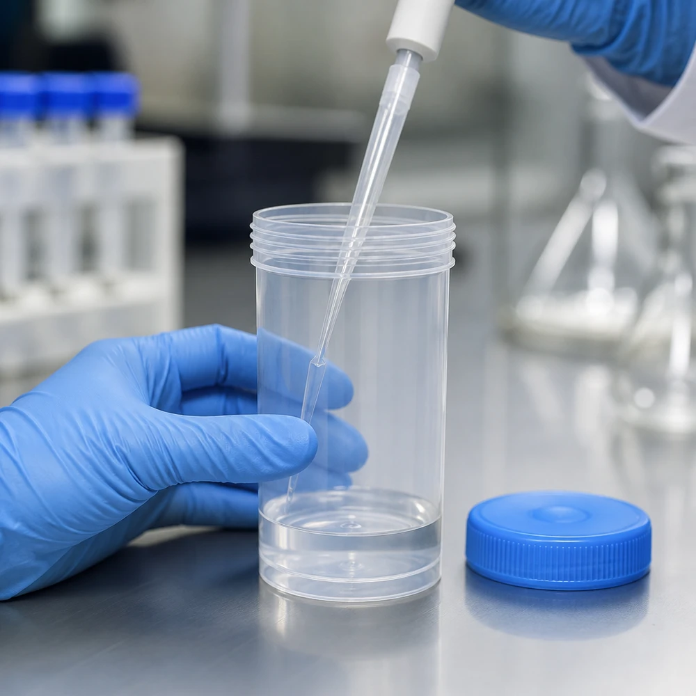 Universal plastburk (patologkärl) 100ml En laboratorieassistent med blå handskar fyller en steril provbehållare på 100 ml med hjälp av en pipett
