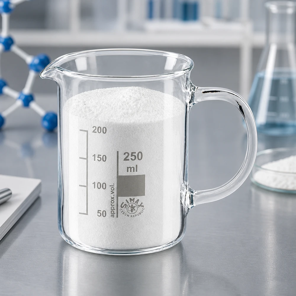 Bägare 250ml borosilikatglas, med handtag Bägare av borosilikatglas, 250 ml, med handtag, fylld med vitt pulver i laboratoriet