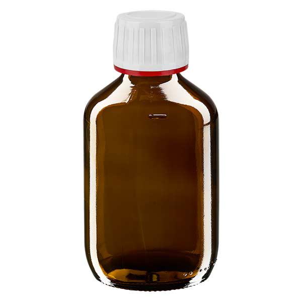 200 ml medicinflaska brun, lock vit med säkerhetsring röd ApoGlas 200 ml medicinflaska brun, lock vit med säkerhetsring röd ApoGlas