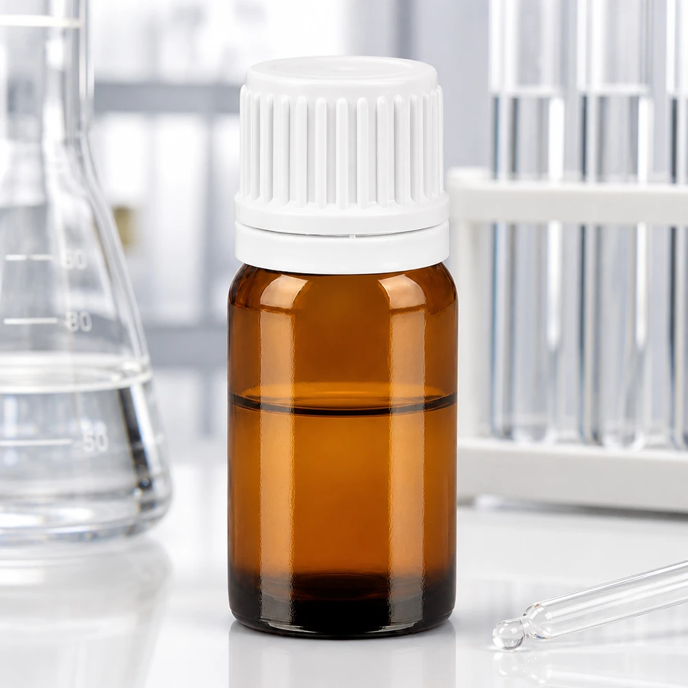5 ml laboratorieflaska av UV-skyddande bärnstensfärgat glas med vitt skruvlock för apotek