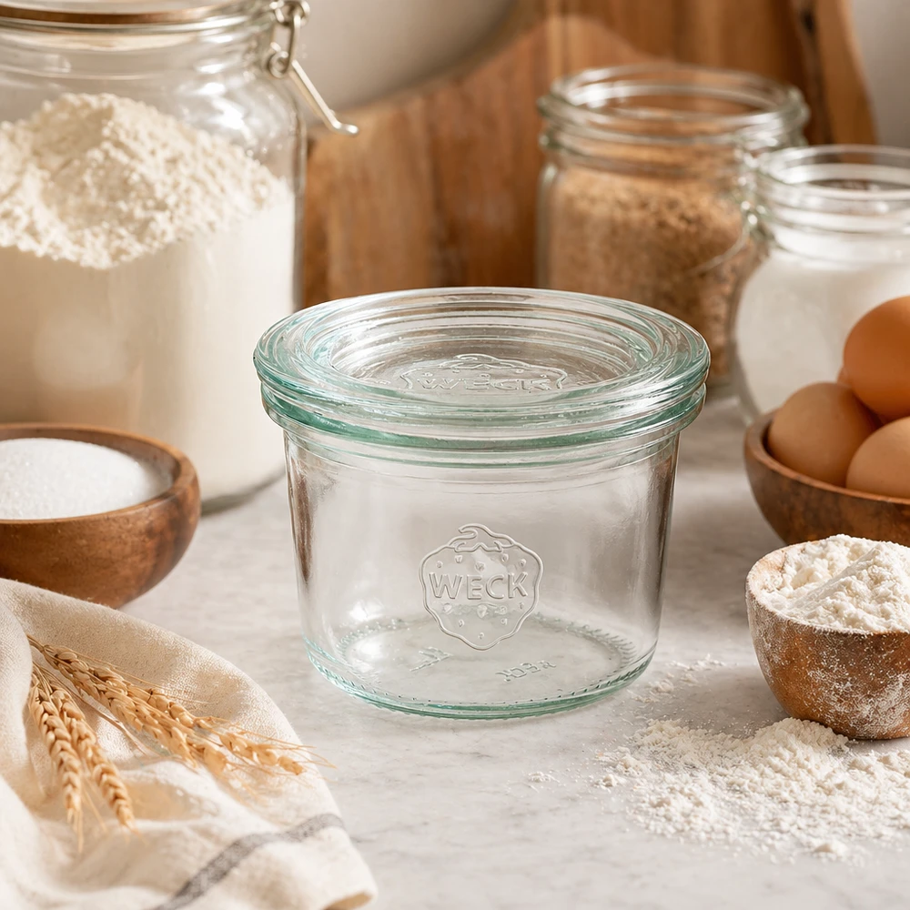 WECK mugg 80ml RR60 i köket med bakingredienser mjöl ägg och spannmål för förvaring och konservering