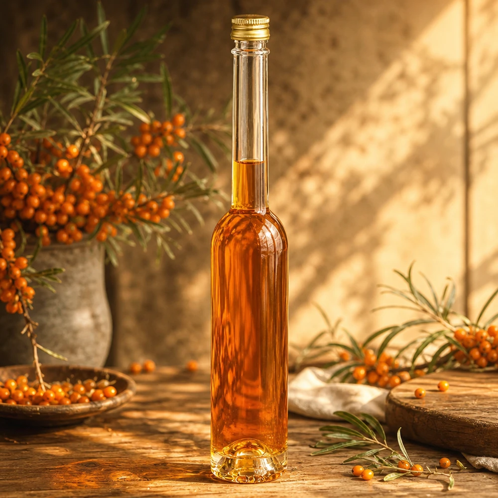100 ml glasflaska Toni och skruvkork silver UNiTWIST® Elegante 100ml Glasflasche Toni mit Sanddornöl befüllt - goldener Verschluss, edle Optik für Küche und Geschenke