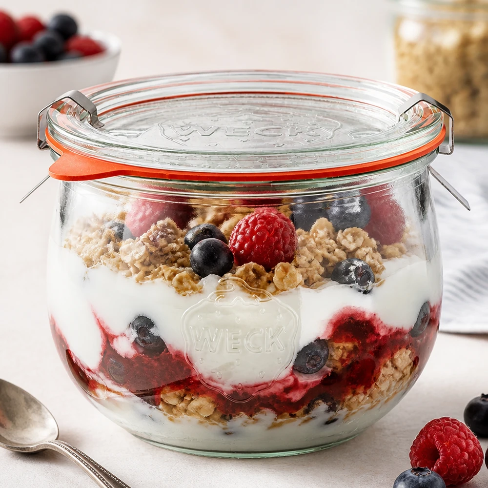 580ml tulpanburk komplett WECK RR100 WECK tulpanburk 580ml RR100 som parfaitburk med yoghurt, bär och granola, perfekt för desserter och frukost