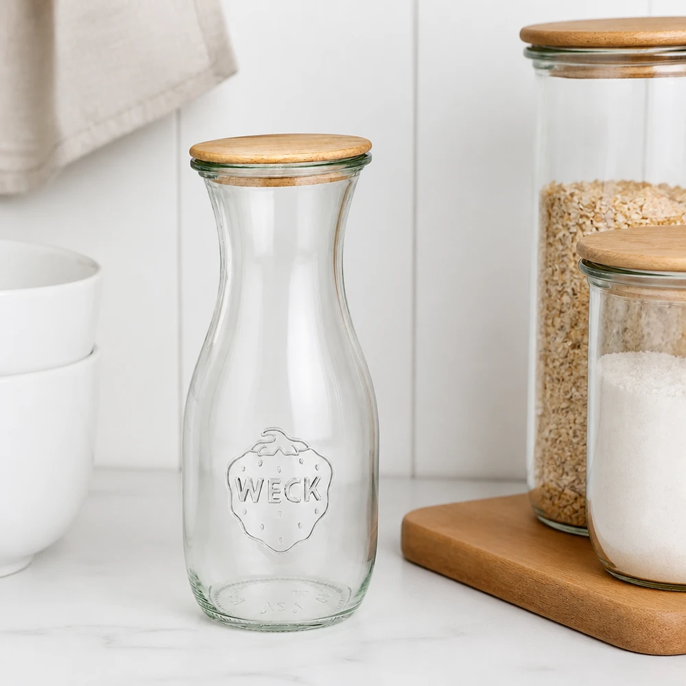 WECK glasflaska 530ml RR60 tom med trälock på vit bänkskiva bredvid staplade förvaringsburkar Skandinavisk