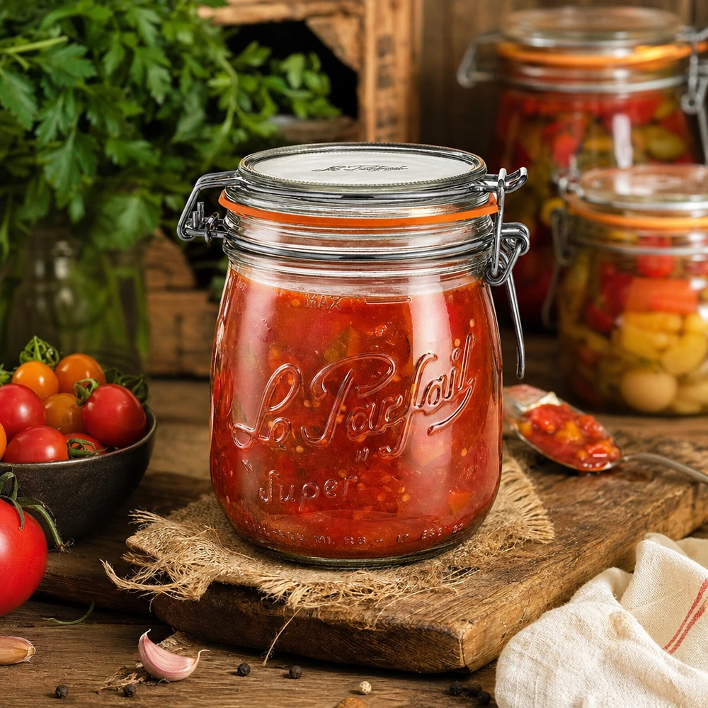 750 ml Le Parfait Super förvaringsburk med svängbar topp fylld med tomatsås på ett rustikt träbord