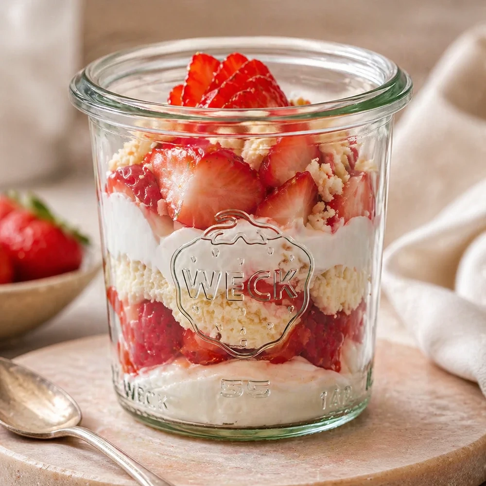 140 ml Krossade glasögon WECK RR60 WECK RR60 140 ml glas fyllda med jordgubbsdessert på träbräda med sked
