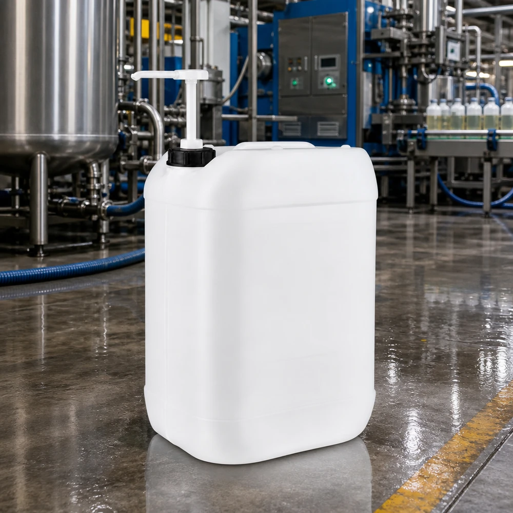 Dunk 25 liter med doseringspump En 25-liters industrikanister med doseringspump på ett glansigt betonggolv i en produktionshall