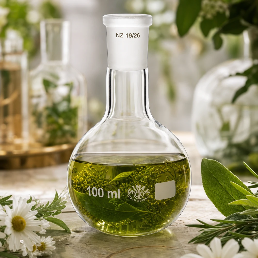 Höftkolv 100ml med standardslipad fog (19/26) Höftkolv med grön örtlösning 100ml - högkvalitativt laboratorieglas med 19/26 standard slipad fog