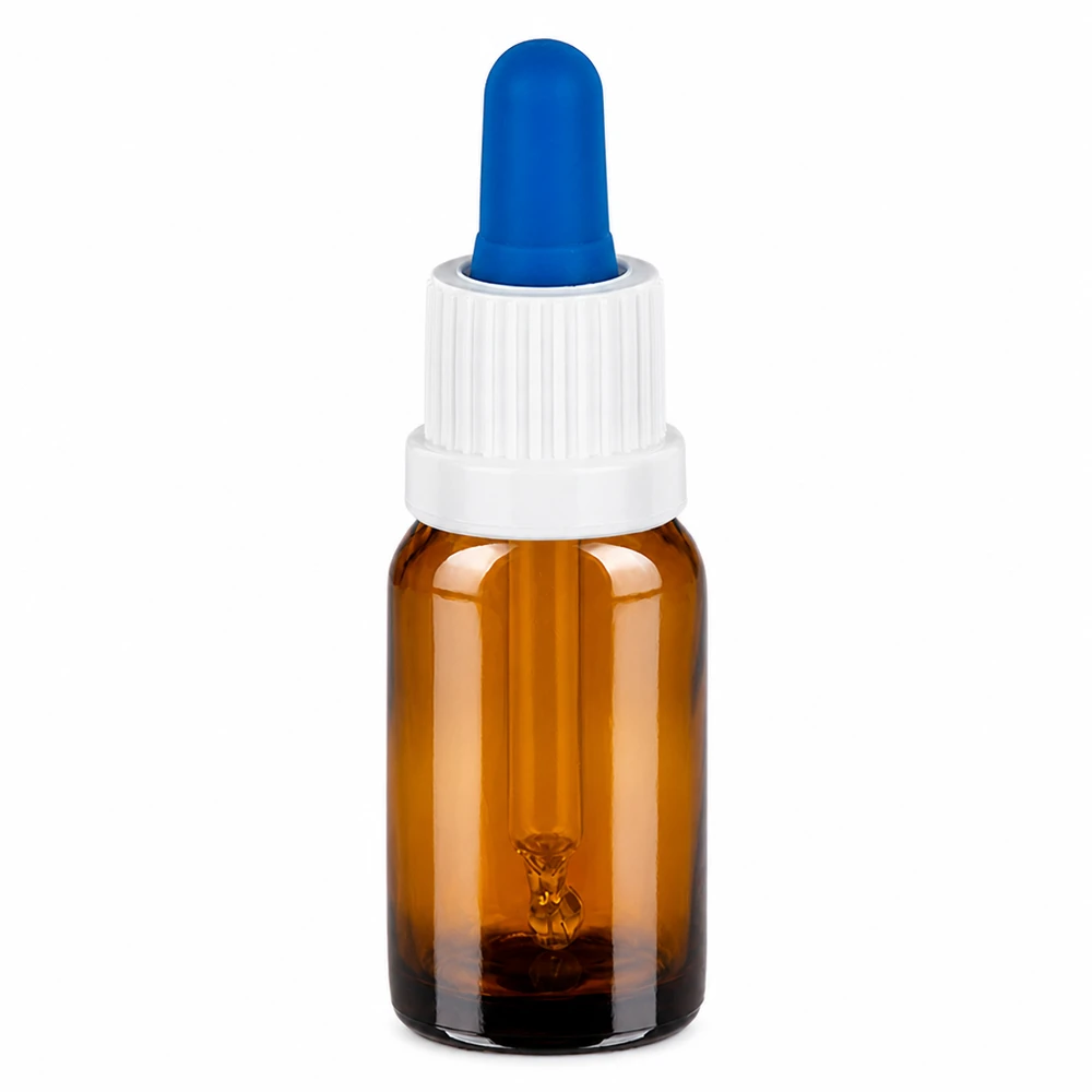 10 ml pipettflaska brun med vitt lock och blå pipett för exakt dosering