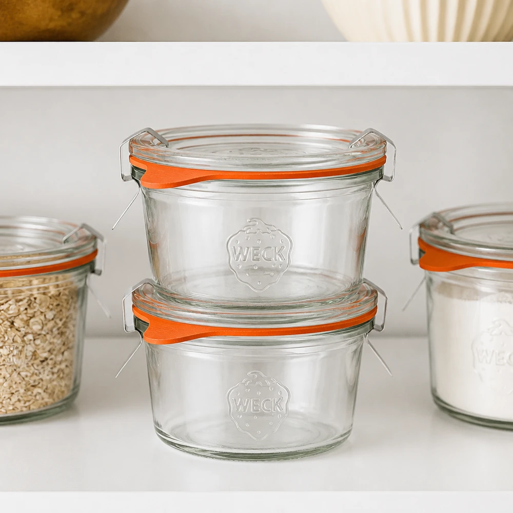 50ml Krossade glasögon komplett WECK RR60 WECK 50 ml RR60-glas som staplas i skafferiet bredvid andra konserveringsburkar för platsbesparande förvaring