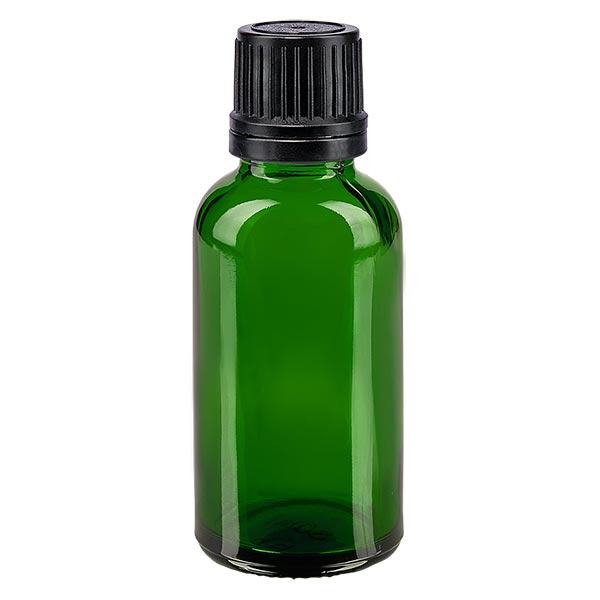 Apoteksflaska grön 30ml droppflaska hällring 1mm svart sabotagesäkert lock Apoteksflaska grön 30ml droppflaska hällring 1mm svart sabotagesäkert lock