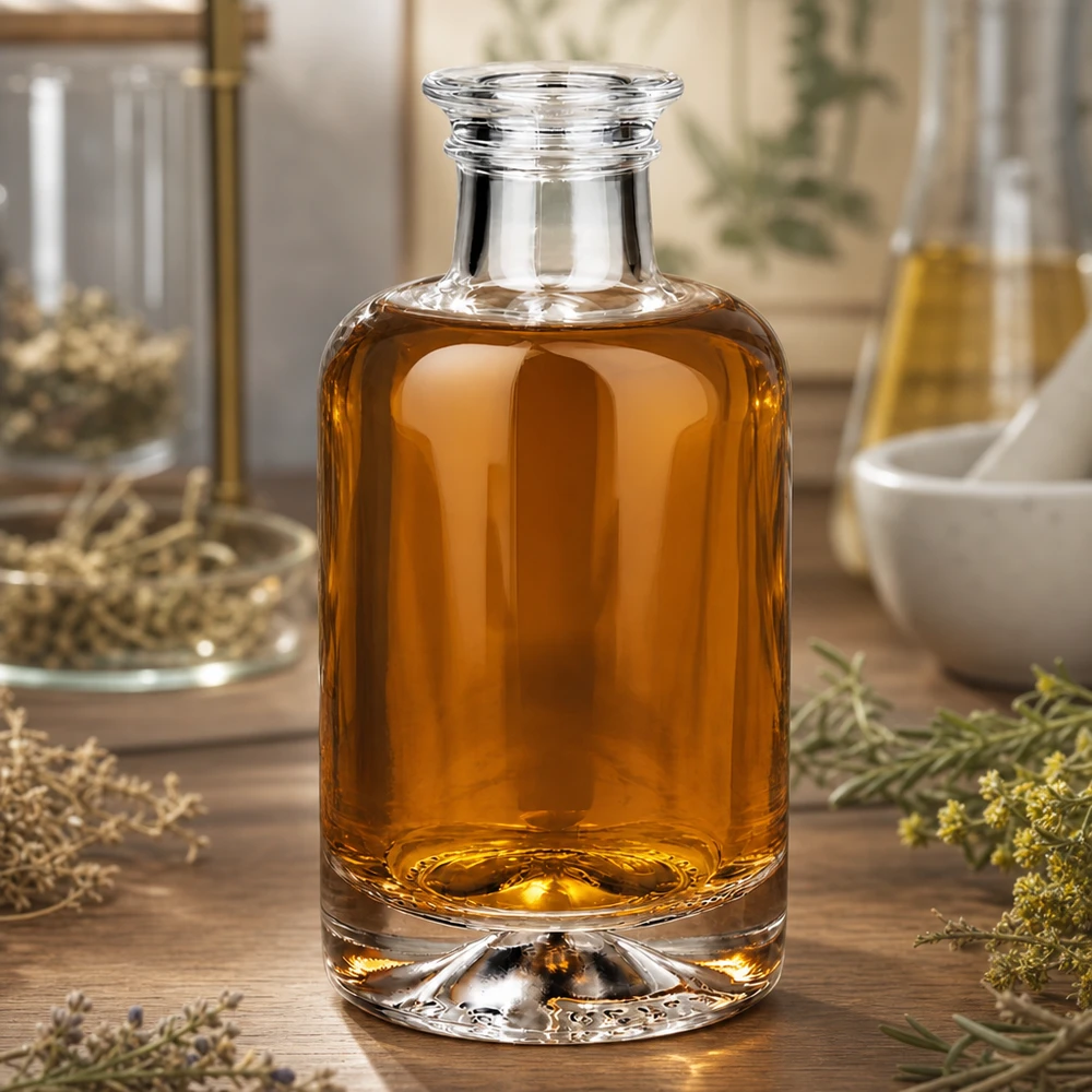 100 ml apoteksflaska Sofia utan lock UNiTWIST® 100ml Glasflasche Sofia mit bernsteinfarbenem Öl in natürlicher Kräuter-Deko-Szene auf Holzuntergrund