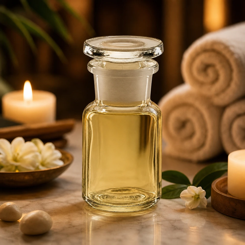 Rund axelflaska 50ml klar glaspropp med bred hals Genomskinlig glasflaska på 50 ml med vid hals och kork i en avslappnad spa-atmosfär med stearinljus