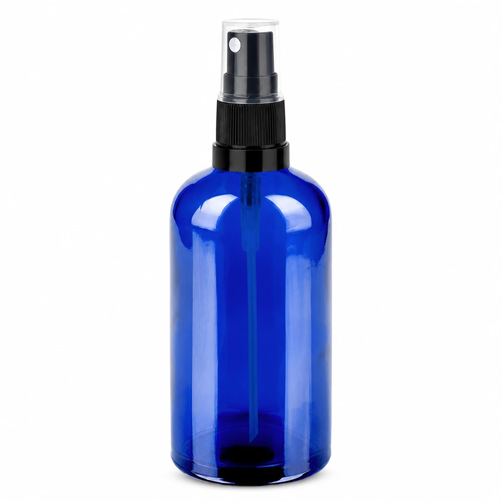Blå 100 ml sprayflaska i glas med svart sprayhuvud för kosmetika och aromaterapi