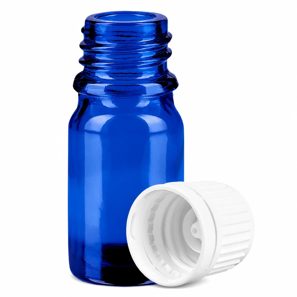 Liten blå glasflaska 5ml med 11mm gänga och vitt lock för aromaterapi