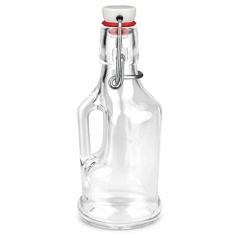 200 ml glasflaska Bertha med PVC-svänglock UNiTWIST, klarglas, handtag, vit keramisk propp