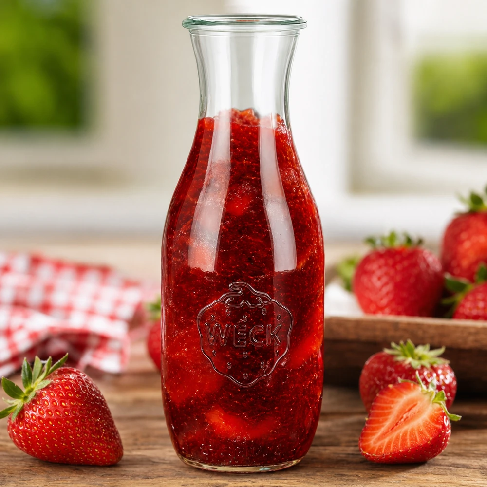 1062 ml juiceflaska WECK RR60 WECK juiceflaska 1062ml RR60 fylld med röd jordgubbsjuice omgiven av färska jordgubbar på en träbas