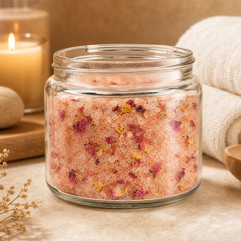 Glasburk 250ml dekorerad i en naturlig spamiljö med badsalt, blommor, ljus och handduk