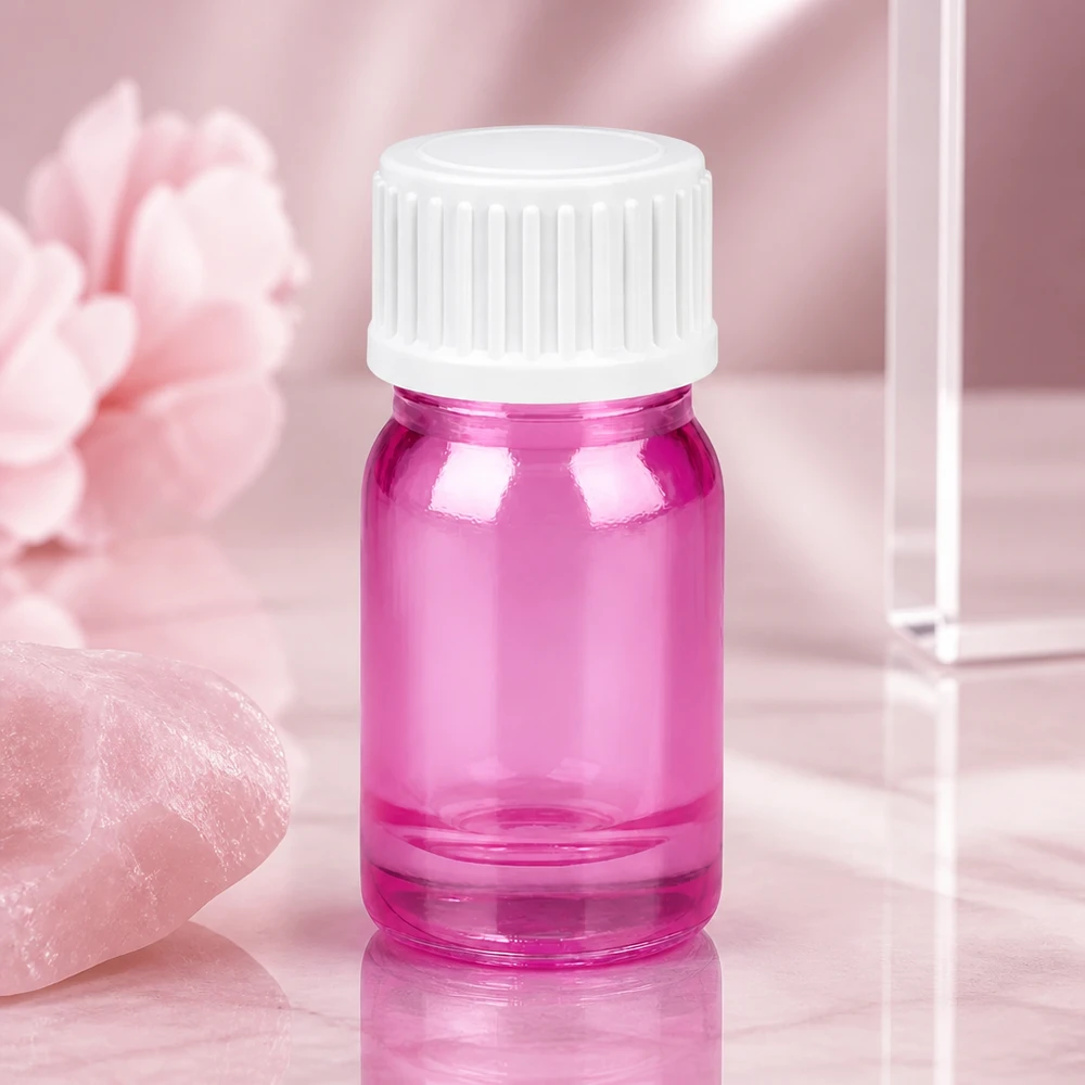 Kompakt 5 ml glasflaska i rosa med vitt lock för aromaterapi i mobilen och på resan
