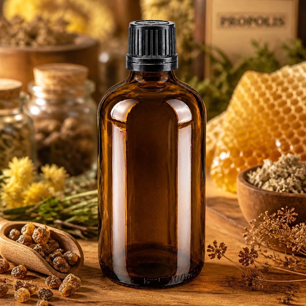 Apoteksflaska brun 100ml skruvlock svart hällring tamper evident stängning En bärnstensfärgad apotekerglasflaska på 100 ml med droppflaska bredvid bikupor och propolis