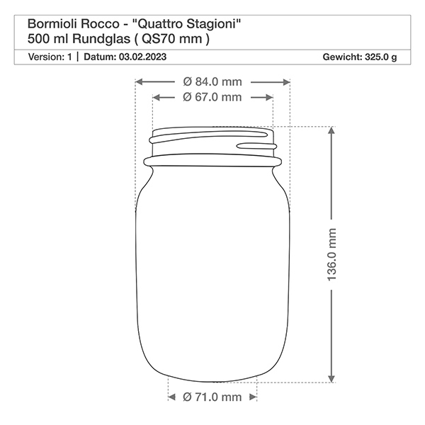 700ml rund burk "Quattro Stagioni" med lock Teknisk ritning 500ml Quattro Stagioni runt glas med måtten diameter 84mm höjd 136mm Bormioli Rocco