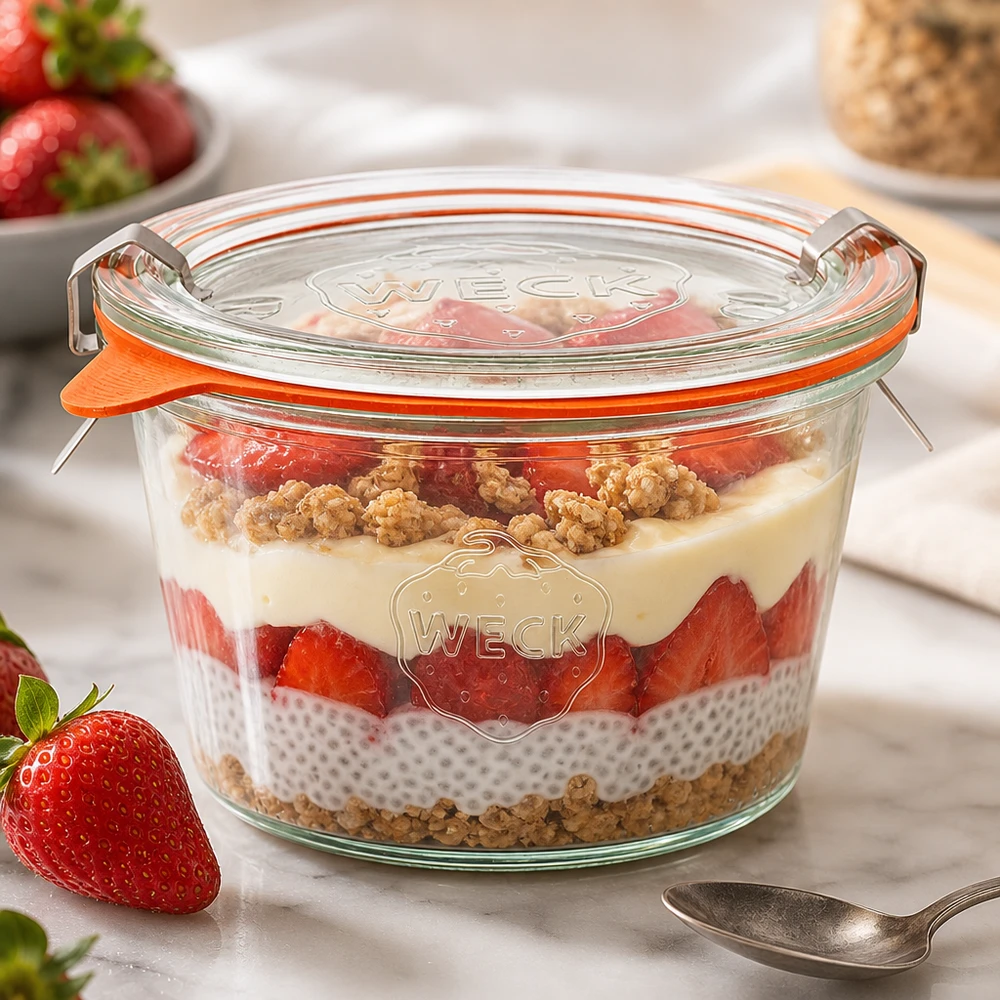 370ml Krossade glasögon komplett WECK RR100 WECK tumlare 370ml RR100 med skiktad dessert av chiapudding och jordgubbar visar mångsidig användning som portionsburk