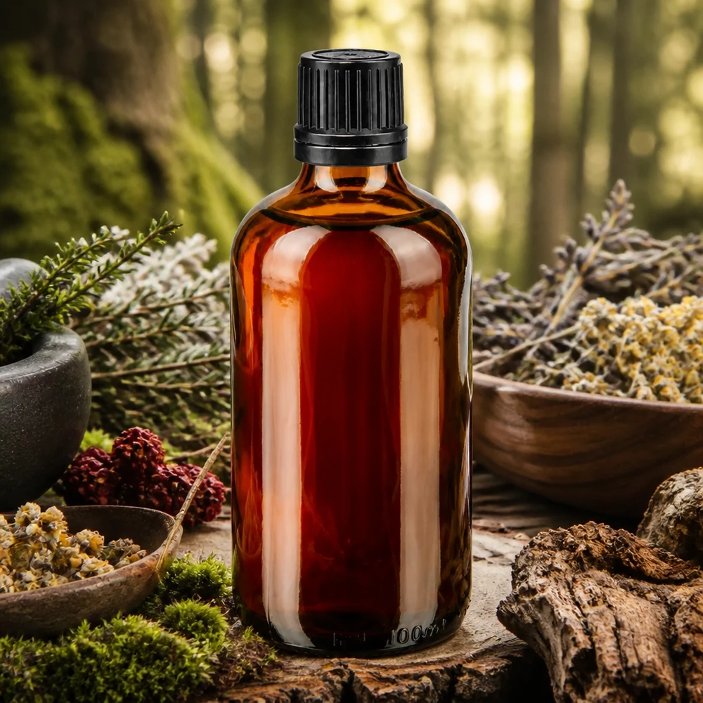 Apoteksflaska brun 100ml dropplock premium 1mm svart manipuleringssäkert lock 100 ml droppflaska i brunt glas med svart OV-lock, omgiven av skogsörter och naturmaterial