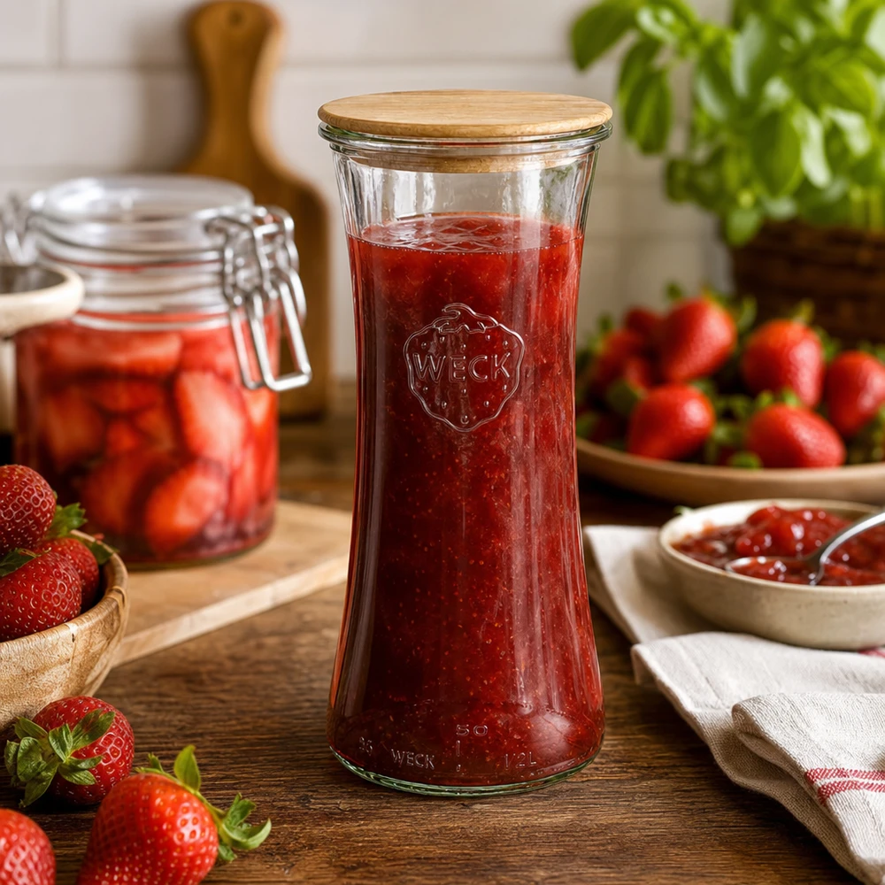 700 ml delikatessburk WECK RR80 med trälock WECK glasburk 700 ml med bambulock fylld med jordgubbssylt kök scen konservering förvaring