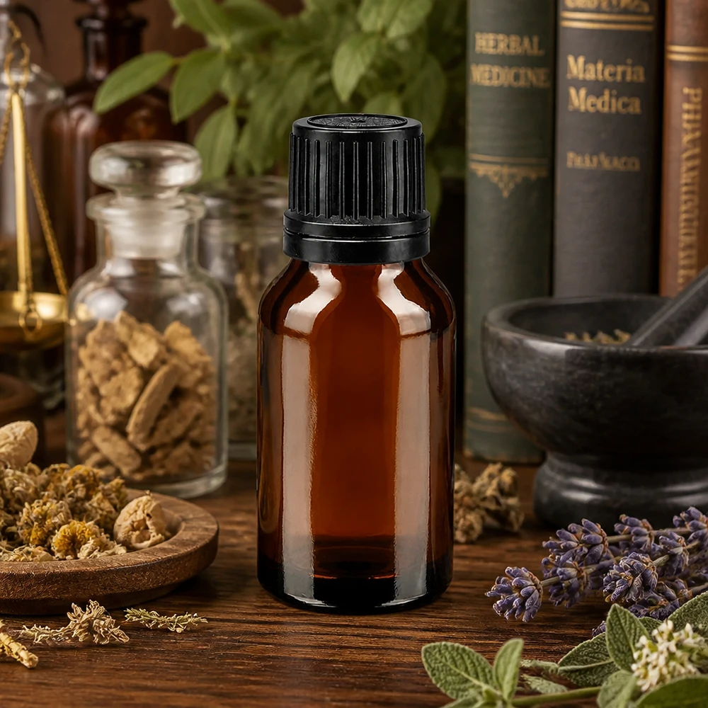 Brun 15 ml apoteksflaska med skruvlock bland läkeörter som lavendel och böcker om materia medica