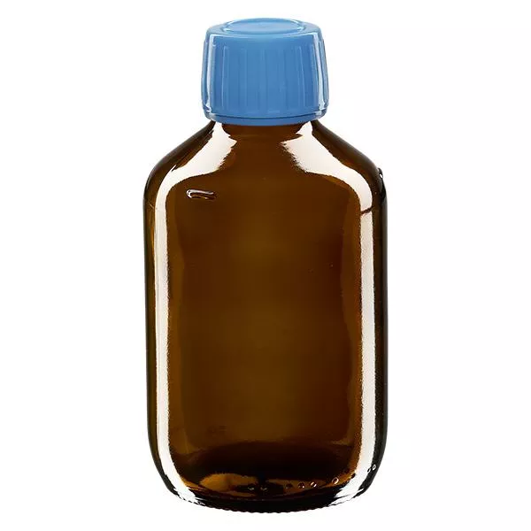 200 ml medicinflaska brun, blått lock med säkerhetsring ApoGlas 200 ml medicinflaska brun, blått lock med säkerhetsring ApoGlas