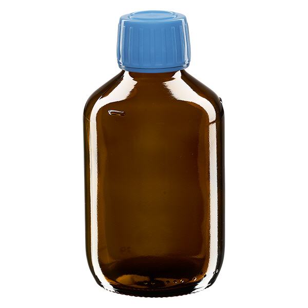 200 ml medicinflaska brun, blått lock med säkerhetsring ApoGlas 200 ml medicinflaska brun, blått lock med säkerhetsring ApoGlas