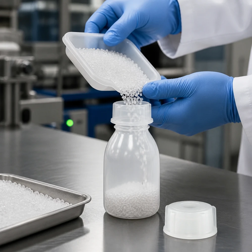 Laboratorietekniker fyller vita plastgranulat i en 10 ml skruvflaska med smal hals medan han bär blå handskar