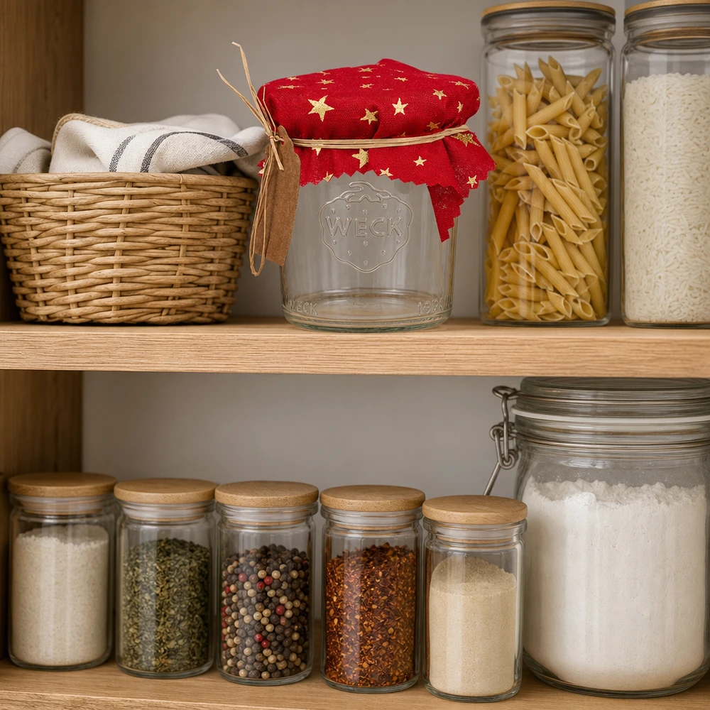 Material-servett, röd, Stjärnor, 12 cm, kvadratisk Röd stjärnduk 12cm fyrkant på WECK burk i organiserad förvaring kök med kryddor och pasta