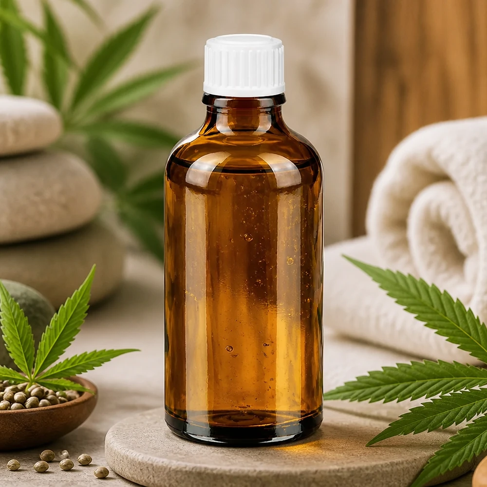 50 ml brun droppflaska från ApoGlas med vitt lock, omgiven av cannabisblad och hampfrön