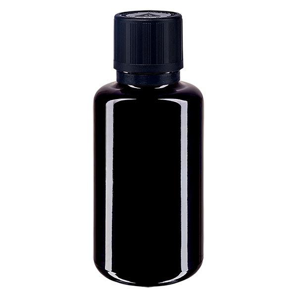 Apoteksflaska violett 30ml dropplock hällring 1mm svart barnskyddande manipuleringssymbol manipuleringssäkert lock Apoteksflaska violett 30ml dropplock hällring 1mm svart barnskyddande manipuleringssymbol manipuleringssäkert lock
