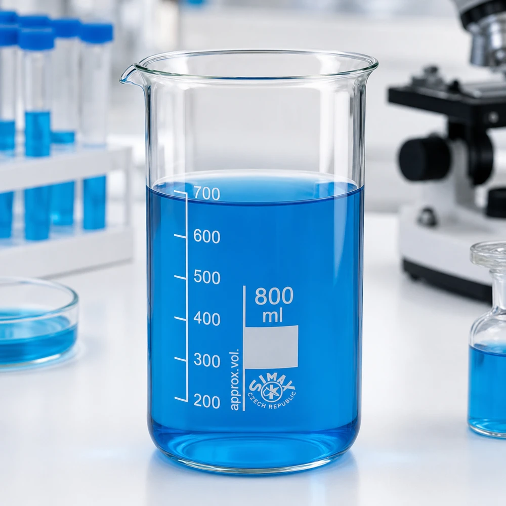 Bägare 800ml borosilikatglas, hög form Tomt bägarglas, 800 ml, hög form, av borosilikatglas med blå vätska i laboratoriet
