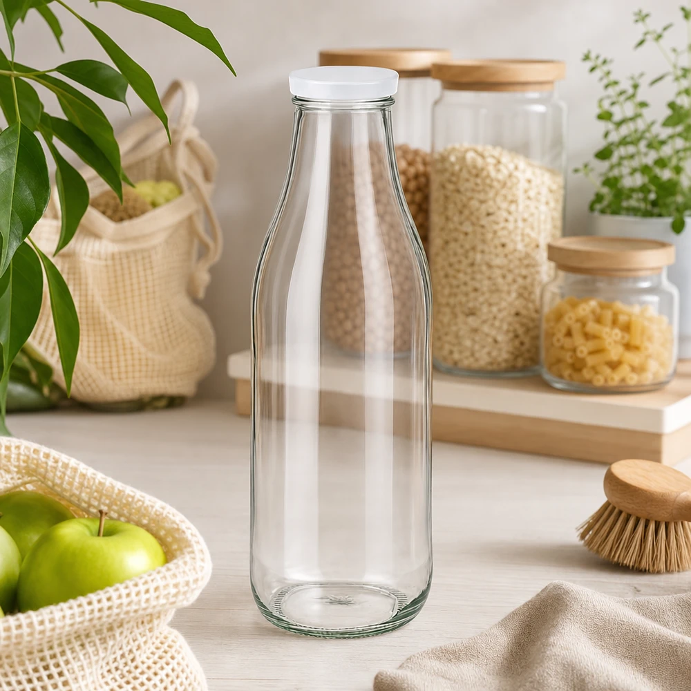 1000 ml glasflaska + BasicSeal-lock vit UNiTWIST 1000 ml glasflaska tom med vitt BasicSeal-lock hållbart kök zero waste livsstil förvaring