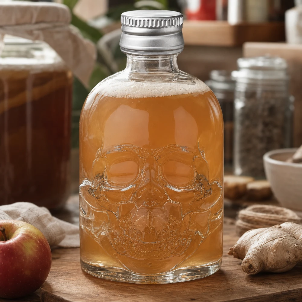 50 ml Hector glasflaska med relief av dödskalle fylld med äpple-ingefärsdryck i en naturlig köksmiljö