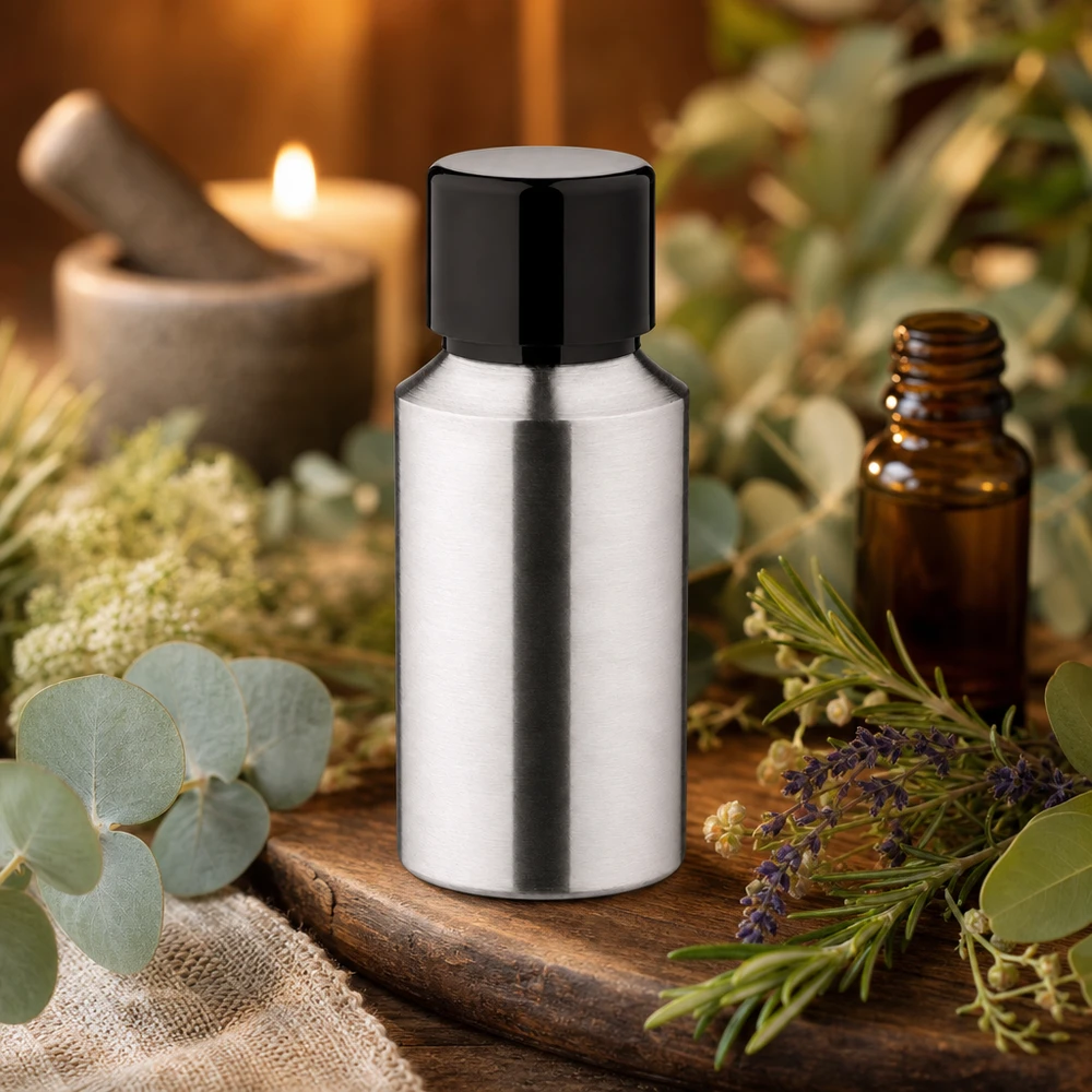 30 ml flaska i polerad silverfärgad aluminium för eteriska oljor och aromaterapi
