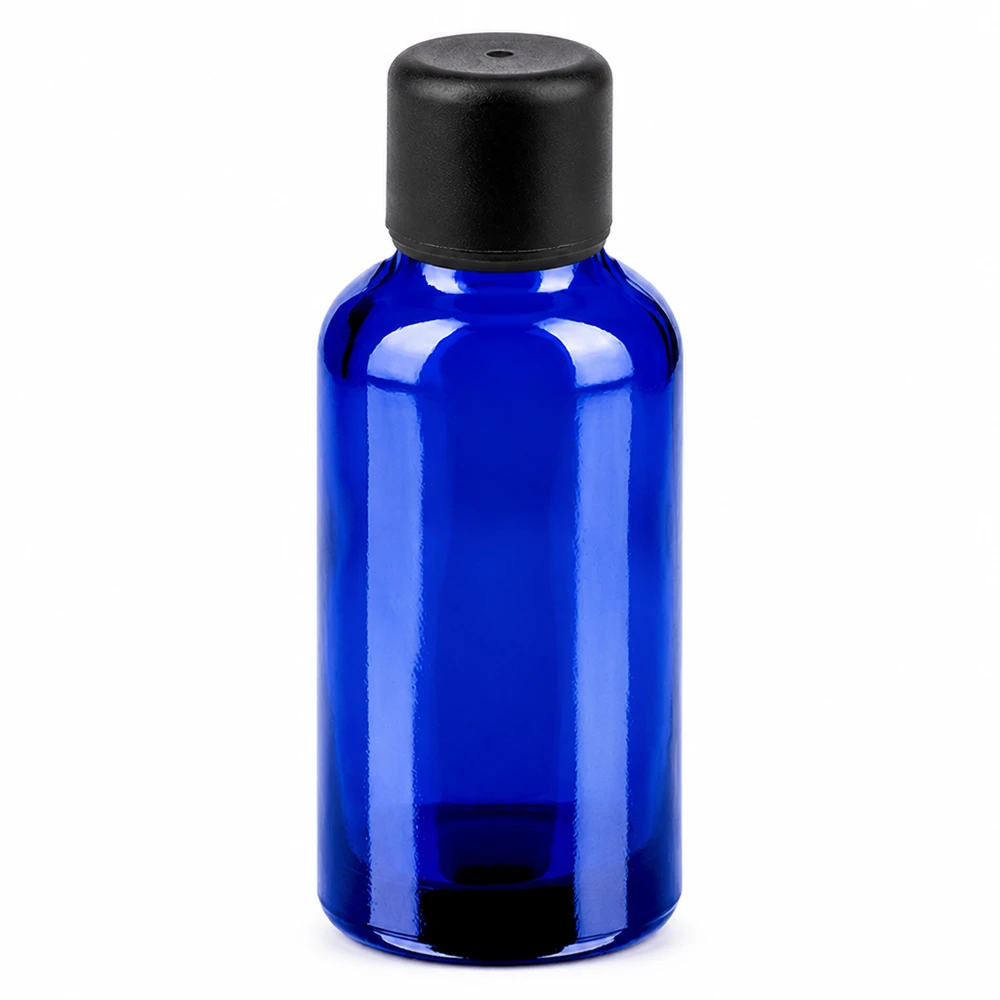 Blå 30 ml glasflaska med svart lock för eteriska oljor och kosmetika
