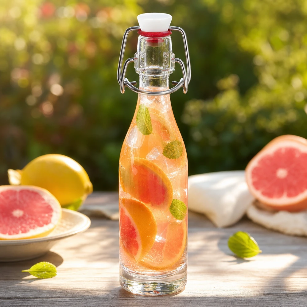 50 ml glasflaska med PVC-gungtopp fylld med grapefrukt- och mintvatten i en somrig trädgårdsatmosfär