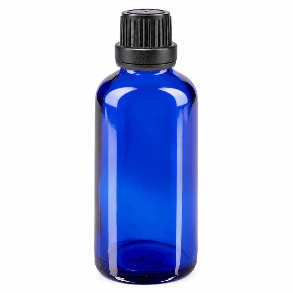 Apoteksflaska blå 50ml dropplock hällring 2mm svart manipuleringssäker förslutning 50 ml blå glasflaska med svart originalförslutning och 2 mm droppinsats av apoteksglas