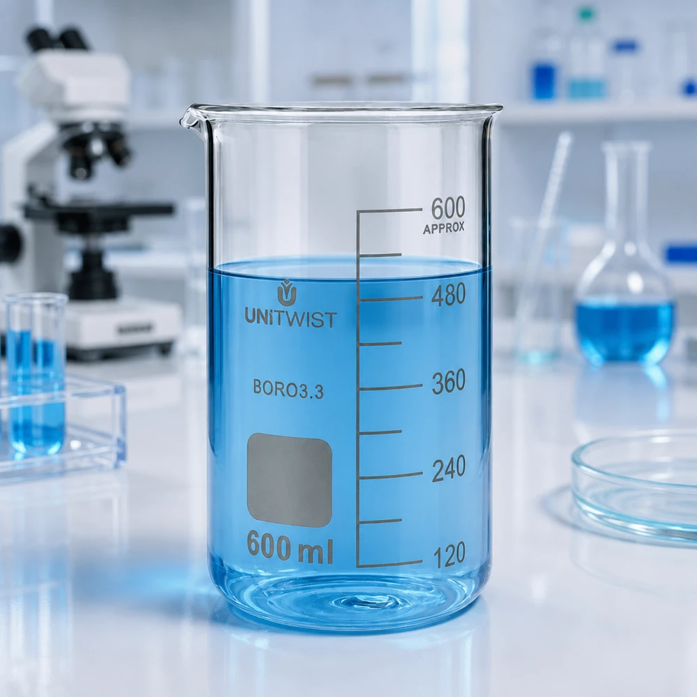 Bägare 600ml borosilikat, högformad UNiTWIST UNITWIST bägare, 600 ml, borosilikatglas, hög form, med blå vätska i laboratoriet