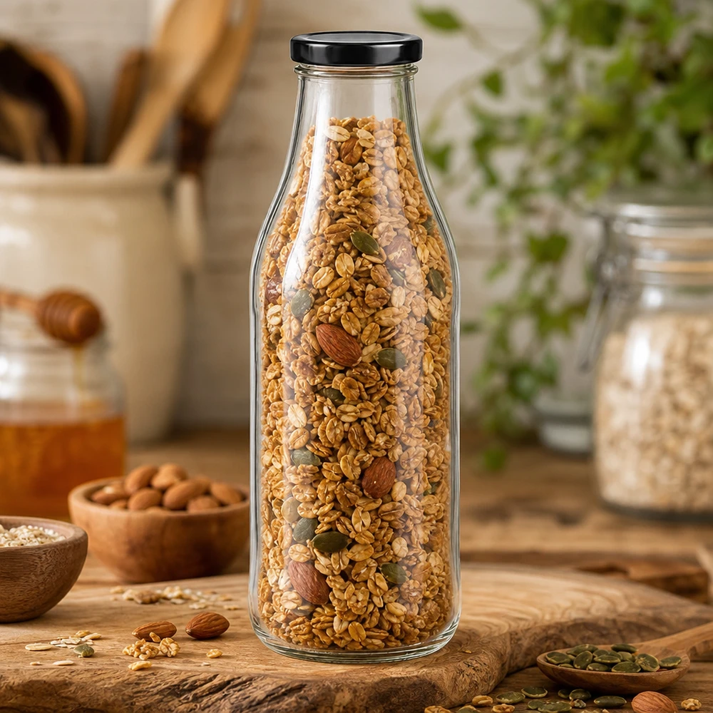 1000 ml glasflaska + BasicSeal-lock svart UNiTWIST 1000 ml glasflaska med svart lock fylld med müsli- och nötmix för matförvaring