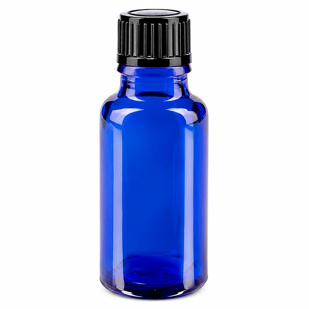Apoteksflaska blå 20ml droppflaska 1mm svart standard 20 ml blå glasflaska med svart droppkork, tillverkad av högkvalitativt apoteksglas STD