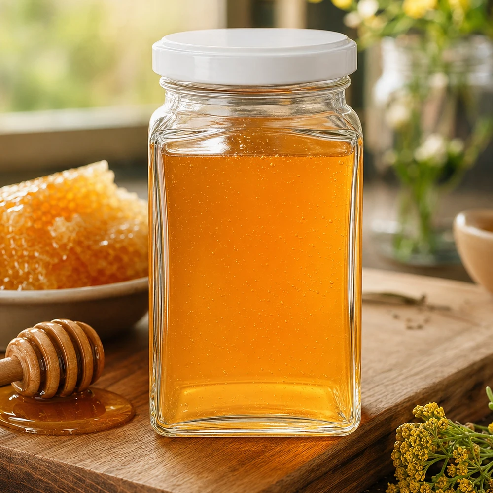 260 ml BasicSeal tetraburk fylld med honung på en rustik träbräda med honungssked och vilda blommor i lantlig köksstil
