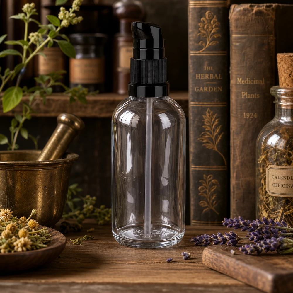 100 ml pumpflaska ClearLine UT18, tom, transparent, med svart doseringspump, apoteksflaska i glas