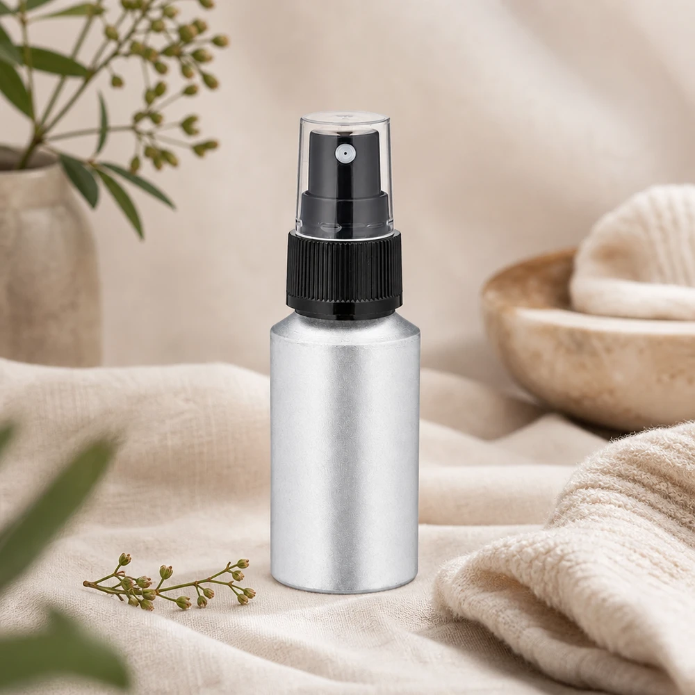 30 ml flaska i inlagd aluminium med finfördelare Kompakt 30 ml sprayflaska i betad aluminium med ergonomisk design för användning i farten